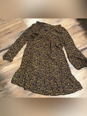 Old Navy Black Floral Ruffle-Hem Dress with Red and Yellow Accents